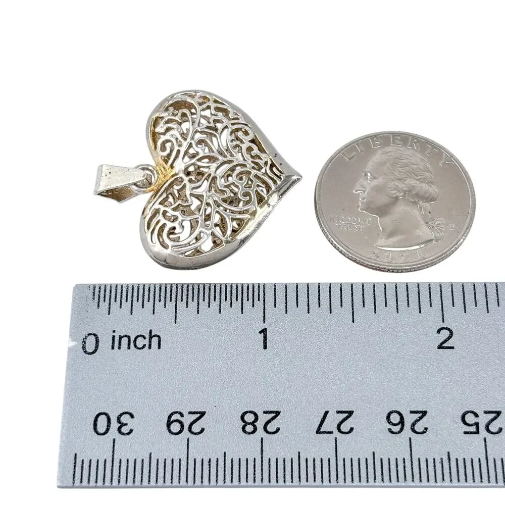 Vintage Sterling Silver 925 Puffy Filigree Heart Pendant
